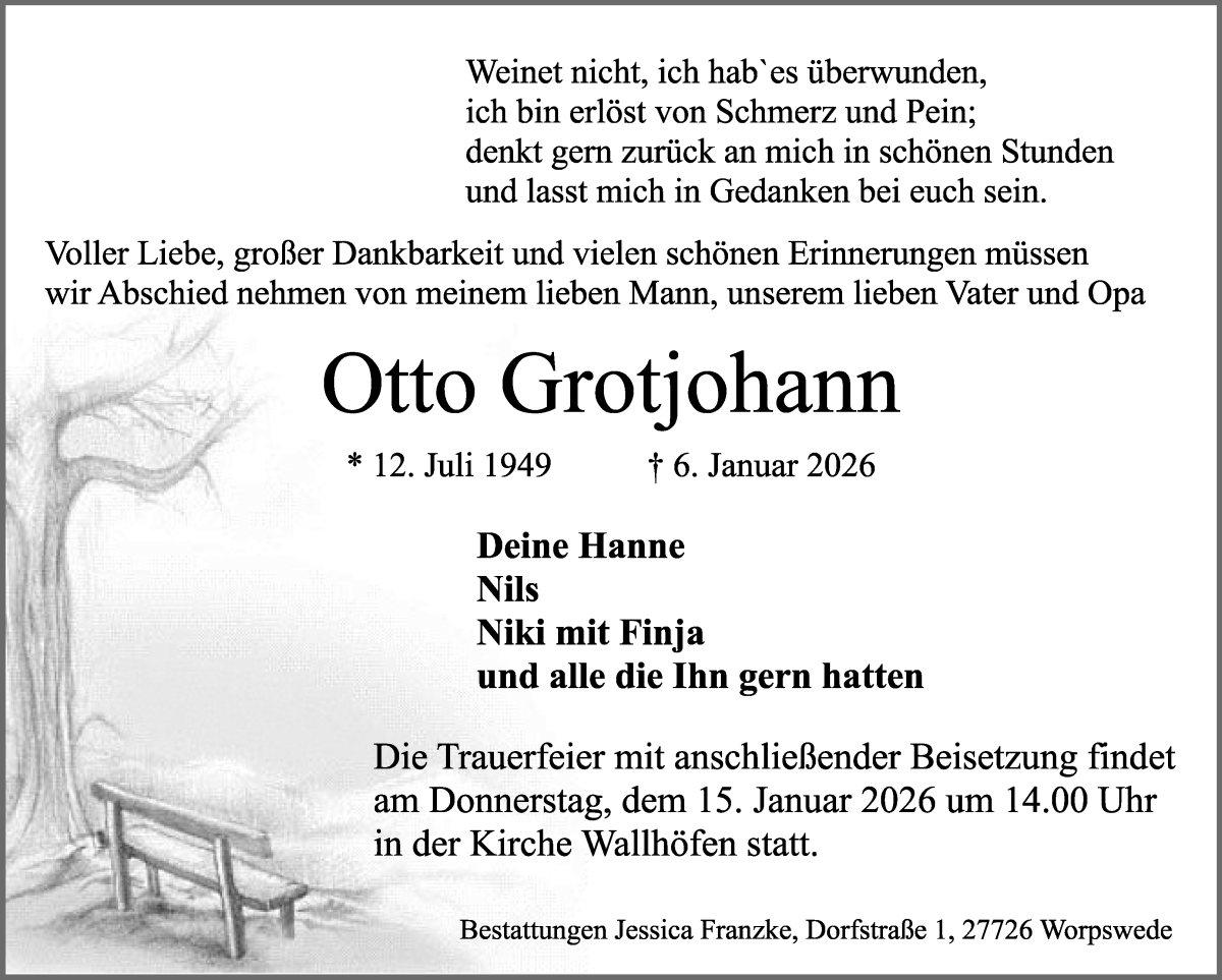 Traueranzeige von Otto Grotjohann von Osterholzer Kreisblatt