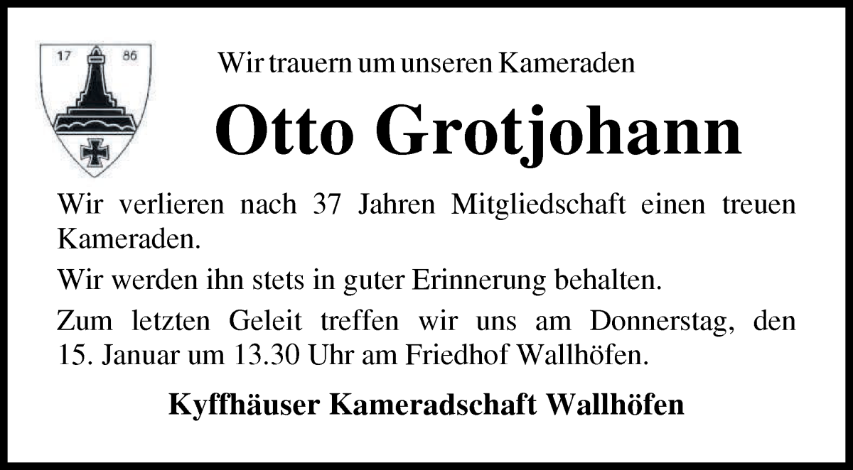 Traueranzeige von Otto Grotjohann von Osterholzer Kreisblatt
