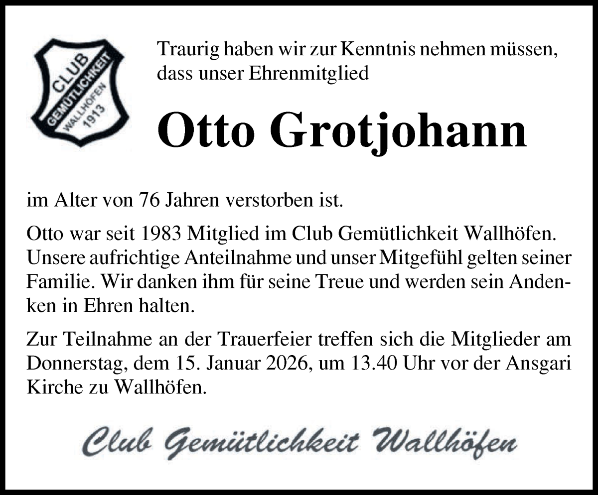 Traueranzeige von Otto Grotjohann von Osterholzer Kreisblatt