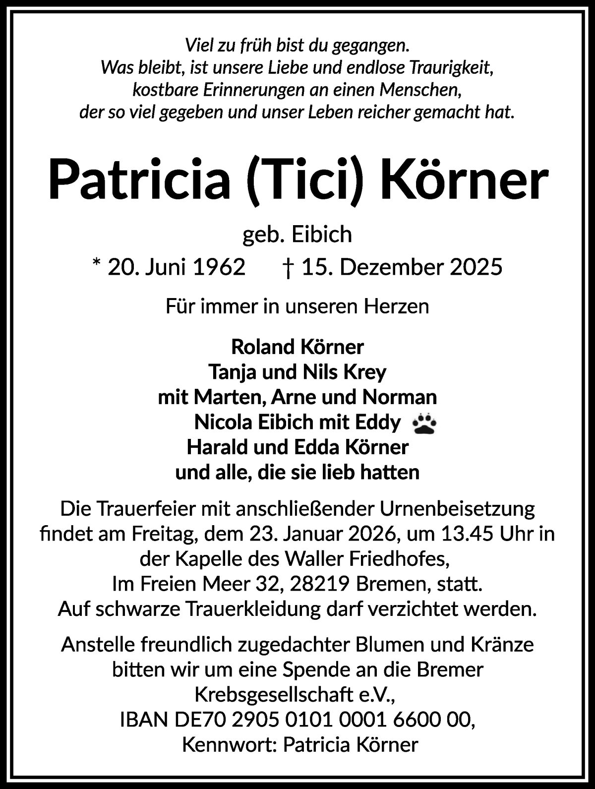 Traueranzeige von Patricia Körner von WESER-KURIER