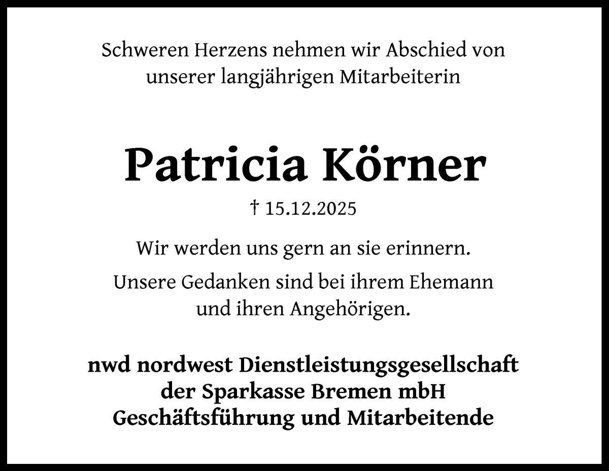 Traueranzeige von Patricia Körner von WESER-KURIER