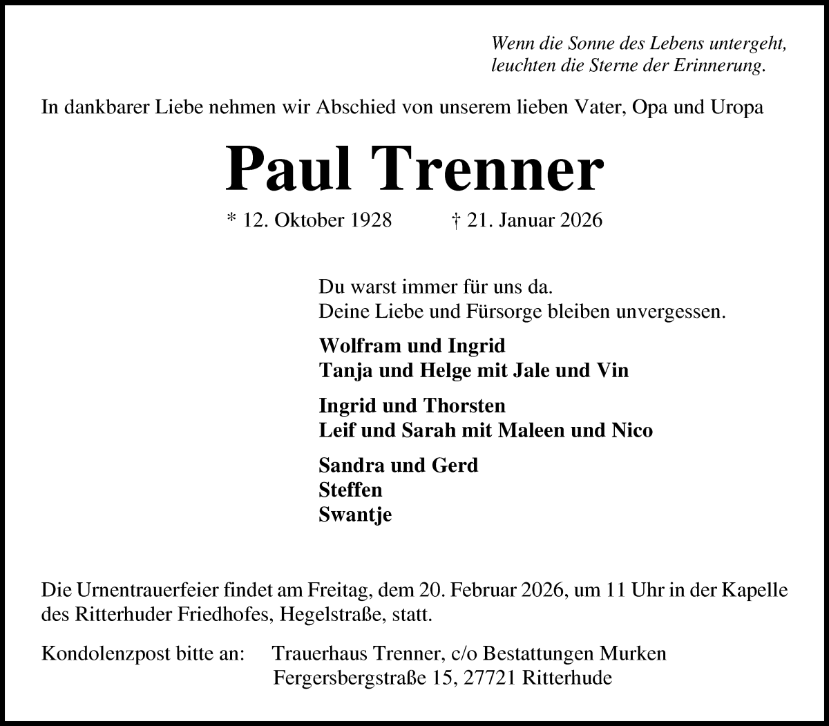 Traueranzeige von Paul Trenner von Osterholzer Kreisblatt