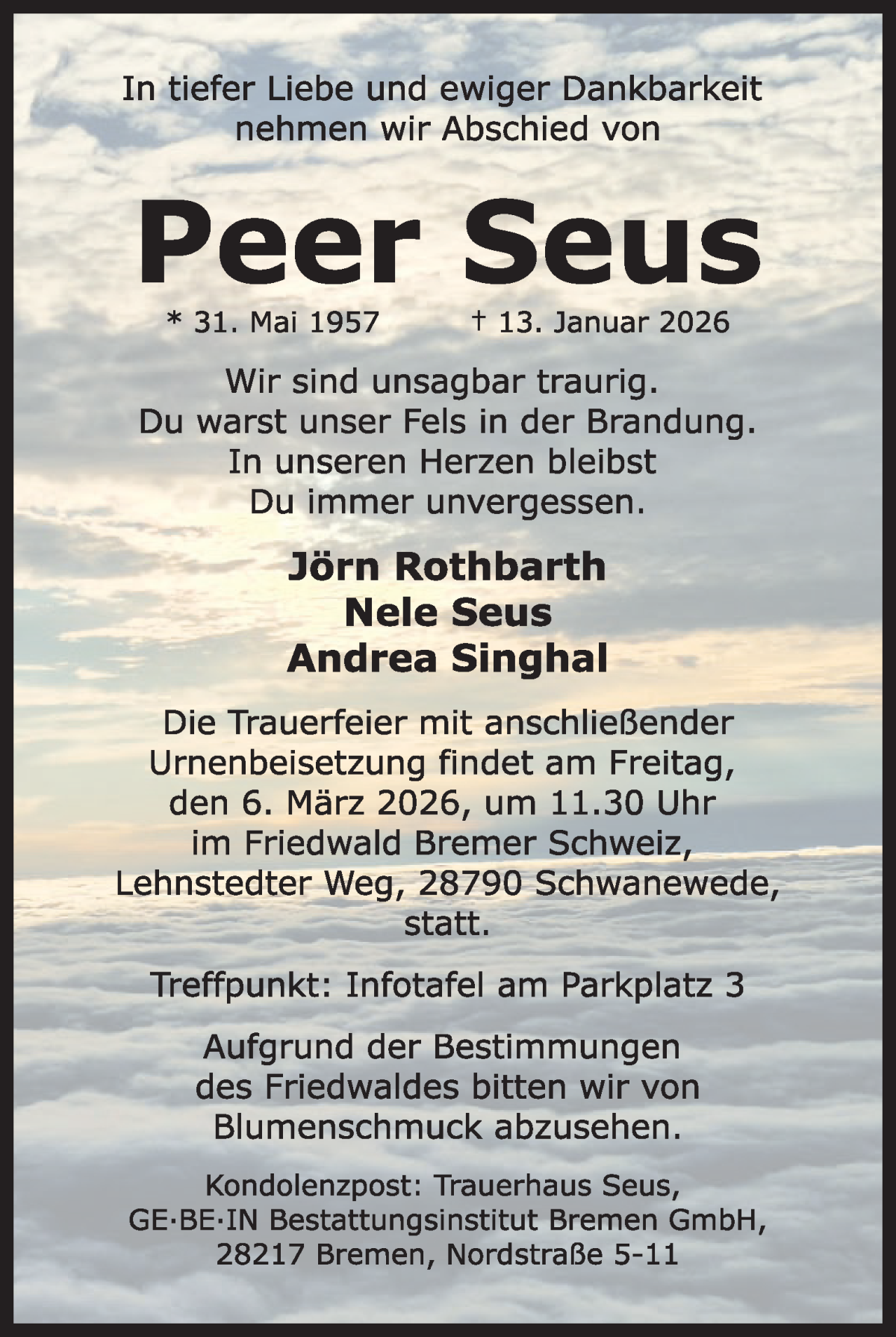 Traueranzeige von Peer Seus von WESER-KURIER