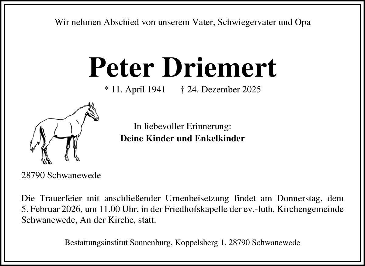 Traueranzeige von Peter Driemert von Die Norddeutsche