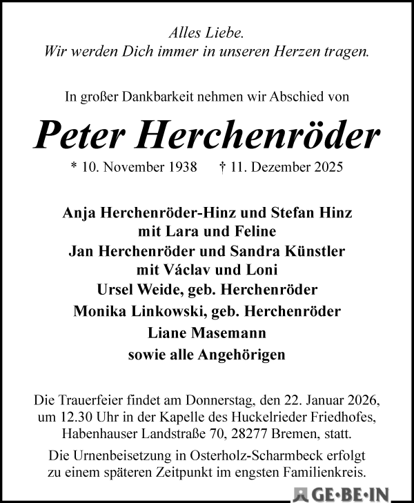 Traueranzeige von Peter Herchenröder von WESER-KURIER