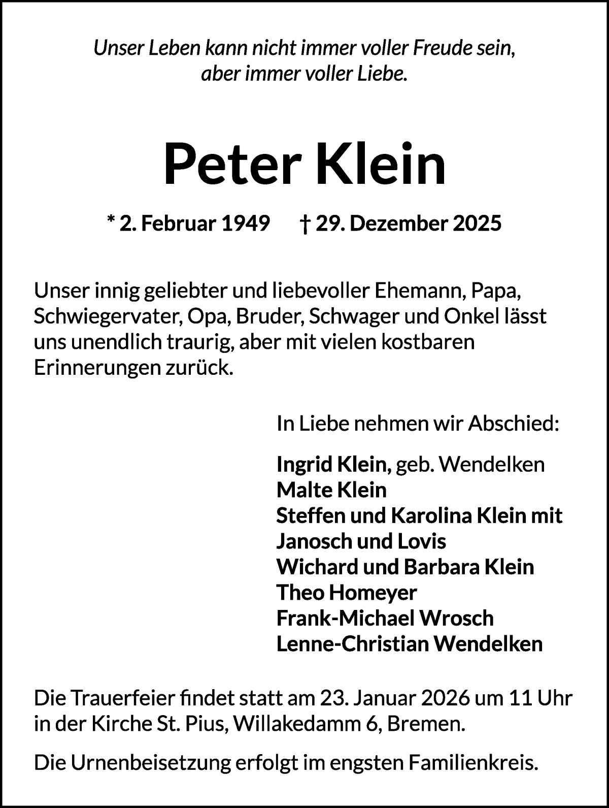 Traueranzeige von Peter Klein von WESER-KURIER