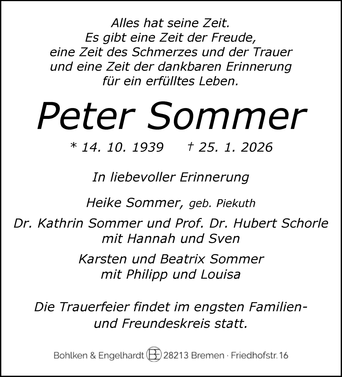 Traueranzeige von Peter Sommer von WESER-KURIER