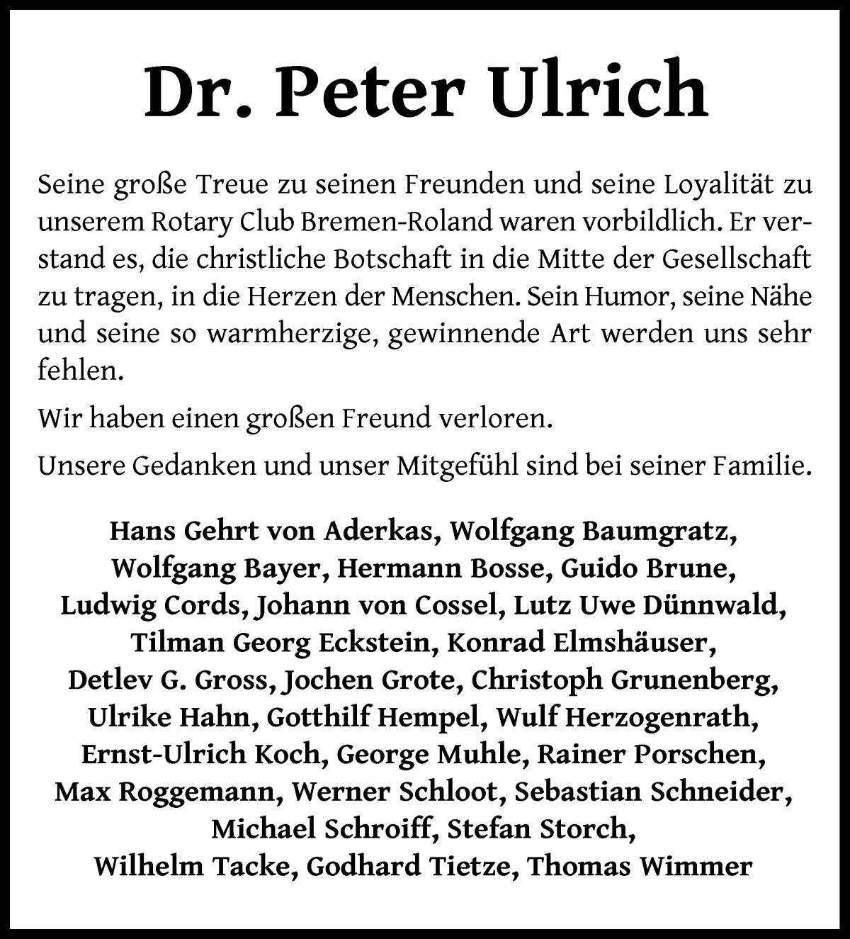 Traueranzeige von Peter Ulrich von WESER-KURIER