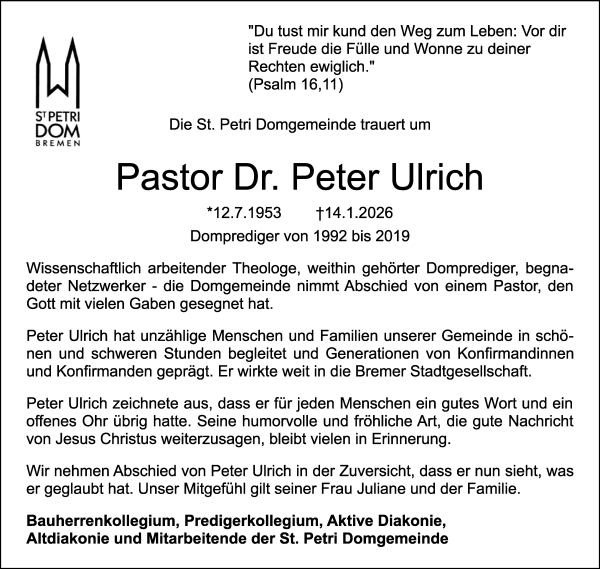 Traueranzeige von Peter Ulrich von WESER-KURIER