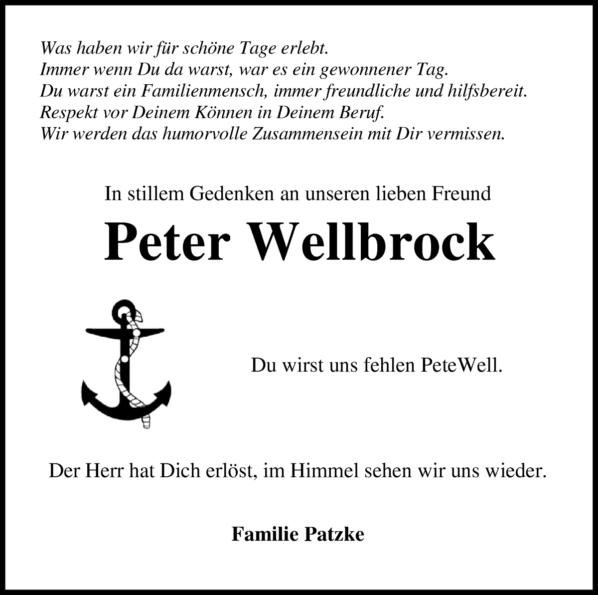 Traueranzeige von Peter Wellbrock von Osterholzer Kreisblatt