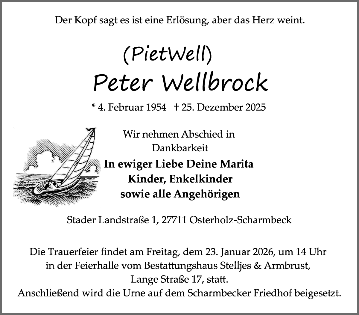 Traueranzeige von Peter Wellbrock von Osterholzer Kreisblatt