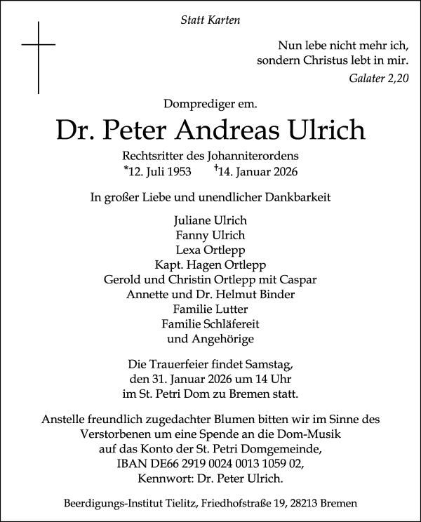 Traueranzeige von Peter Andreas Ulrich von WESER-KURIER