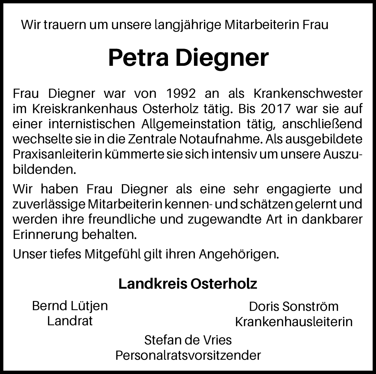 Traueranzeige von Petra Diegner von Osterholzer Kreisblatt
