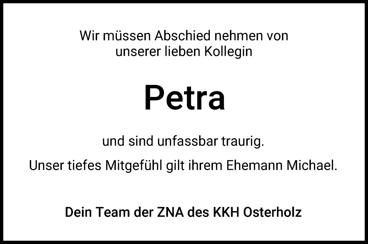 Traueranzeige von Petra Diegner von Osterholzer Kreisblatt