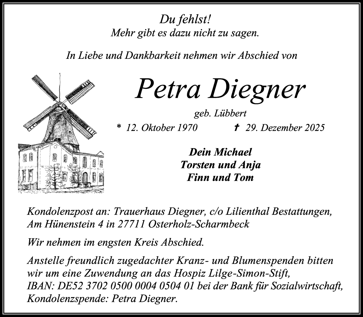 Traueranzeige von Petra Diegner von Osterholzer Kreisblatt