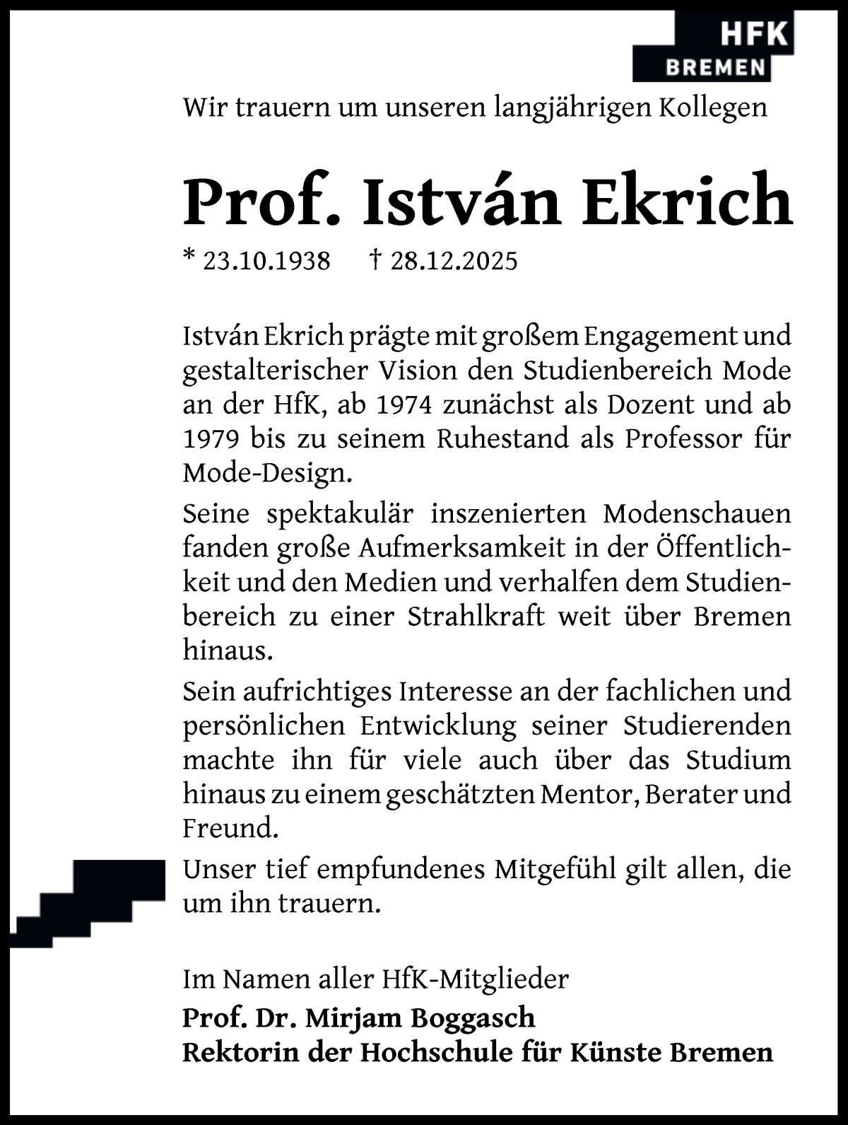 Traueranzeige von Prof. István Ekrich von WESER-KURIER
