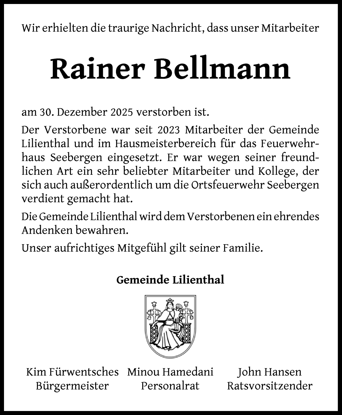 Traueranzeige von Rainer Bellmann von Wuemme Zeitung