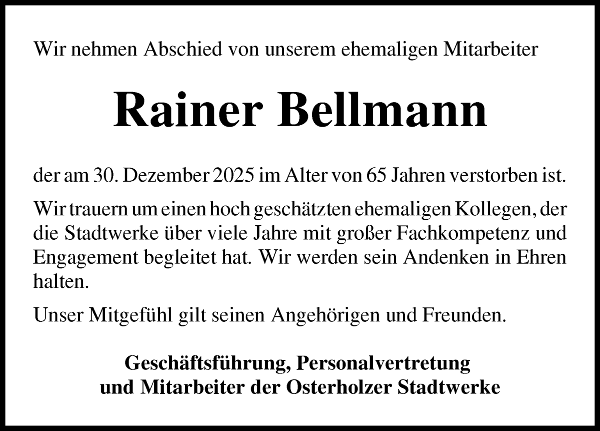 Traueranzeige von Rainer Bellmann von Osterholzer Kreisblatt