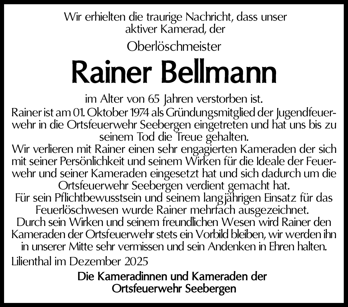 Traueranzeige von Rainer Bellmann von Wuemme Zeitung