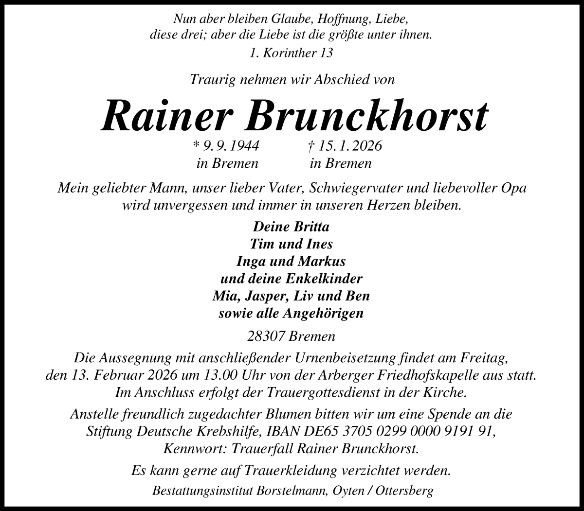Traueranzeige von Rainer Brunckhorst von WESER-KURIER