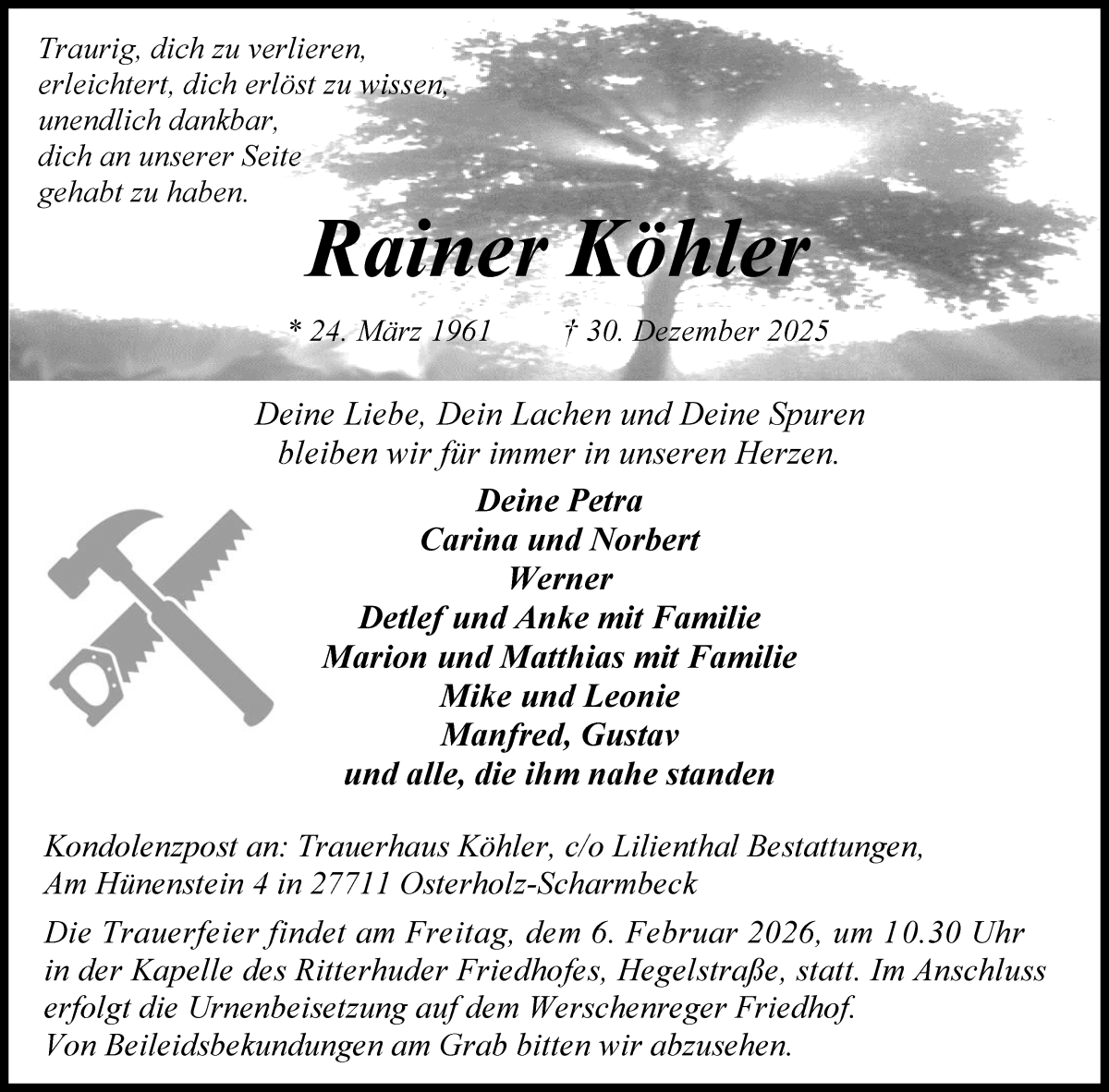 Traueranzeige von Rainer Köhler von Osterholzer Kreisblatt