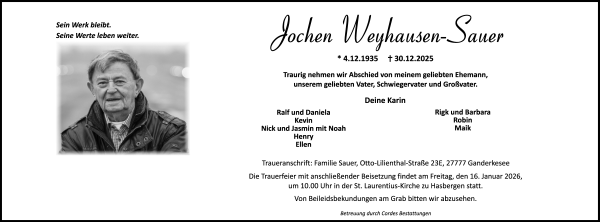 Traueranzeige von Rainer Sauer von WESER-KURIER