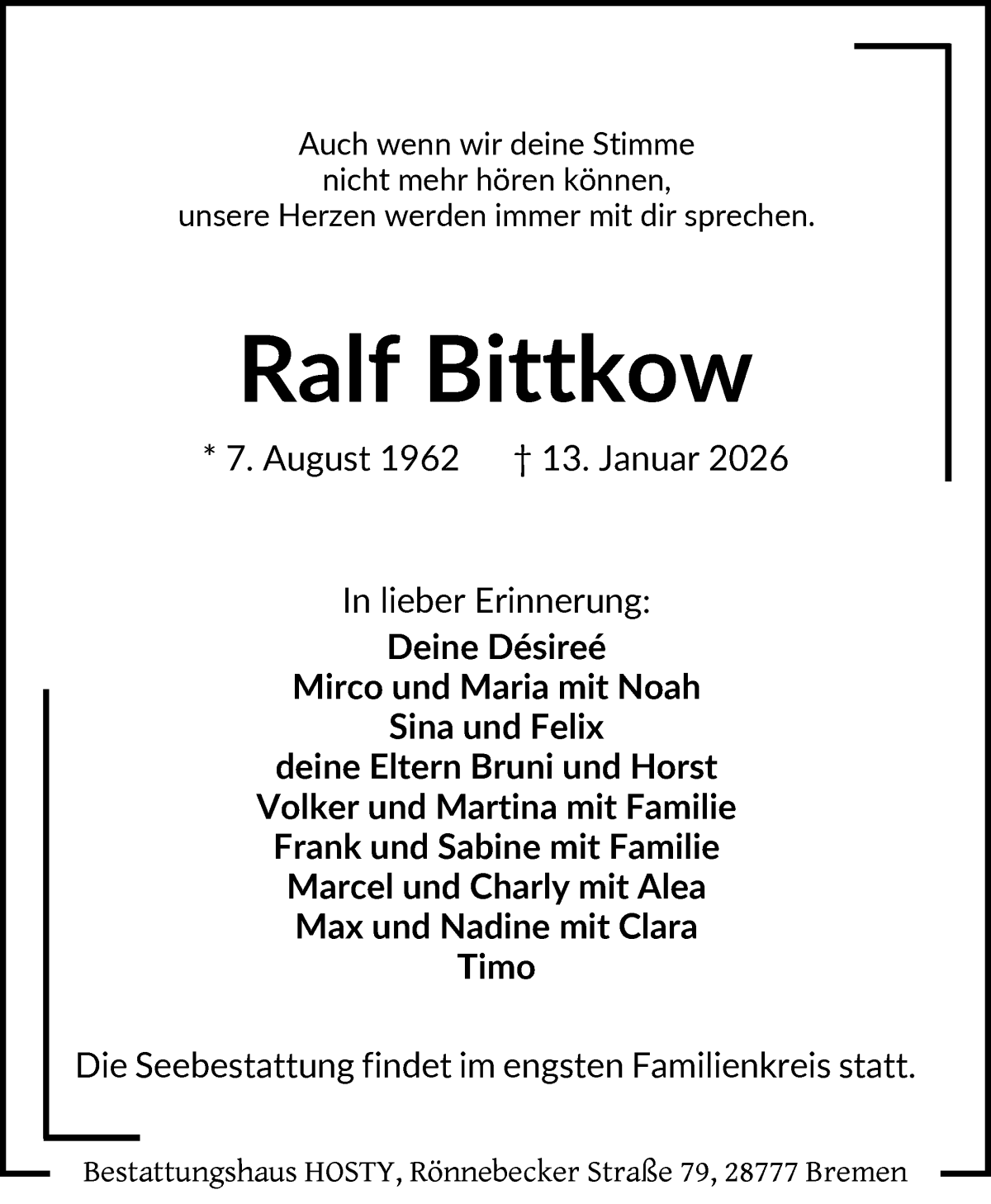 Traueranzeige von Ralf Bittkow von Die Norddeutsche