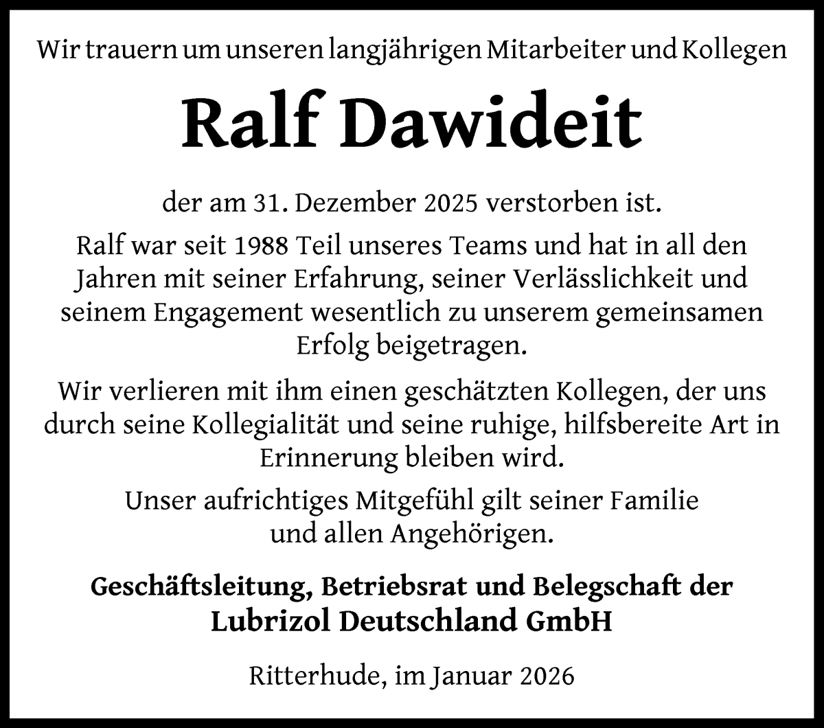 Traueranzeige von Ralf Dawideit von Osterholzer Kreisblatt