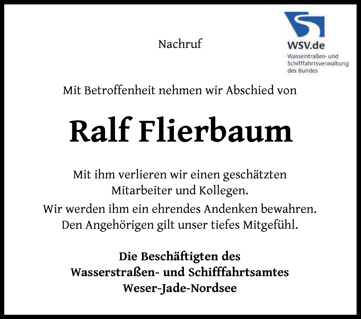 Traueranzeige von Ralf Flierbaum von WESER-KURIER