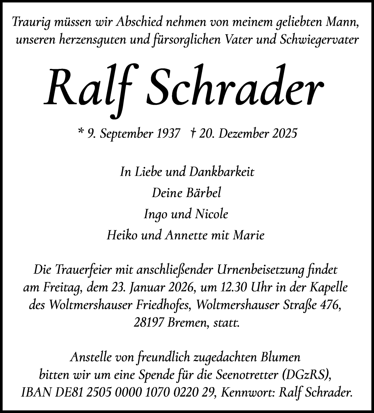  Traueranzeige für Ralf Schrader vom 10.01.2026 aus WESER-KURIER