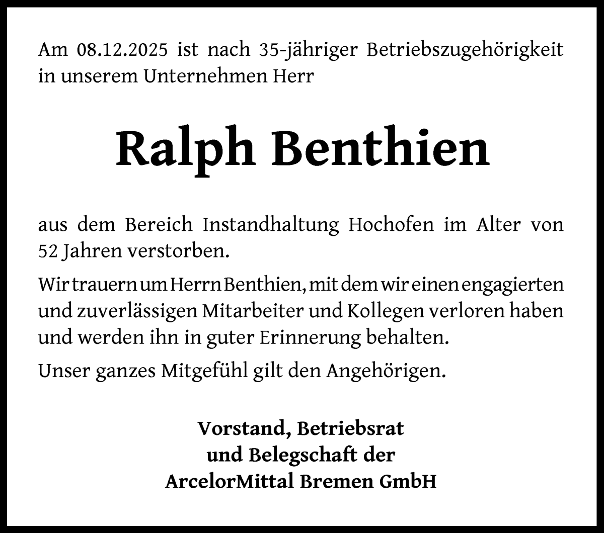  Traueranzeige für Ralph Benthien vom 10.01.2026 aus WESER-KURIER