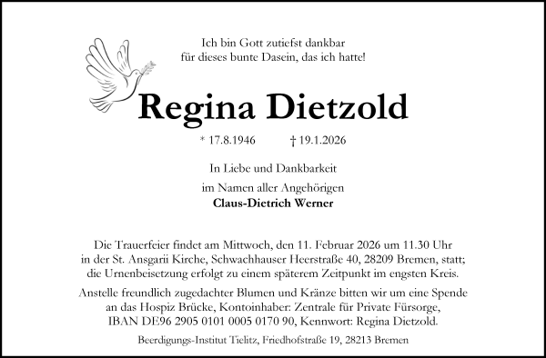 Traueranzeige von Regina Dietzold von WESER-KURIER