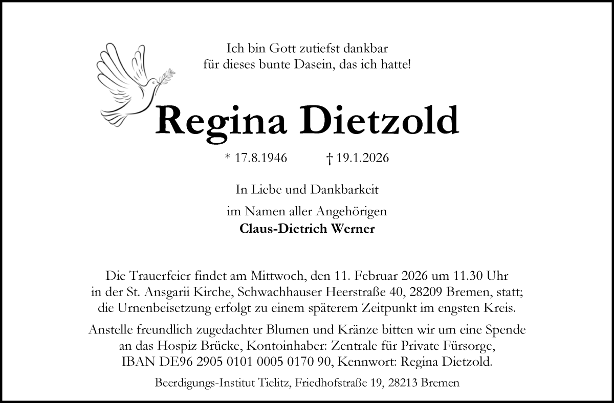 Traueranzeige von Regina Dietzold von WESER-KURIER