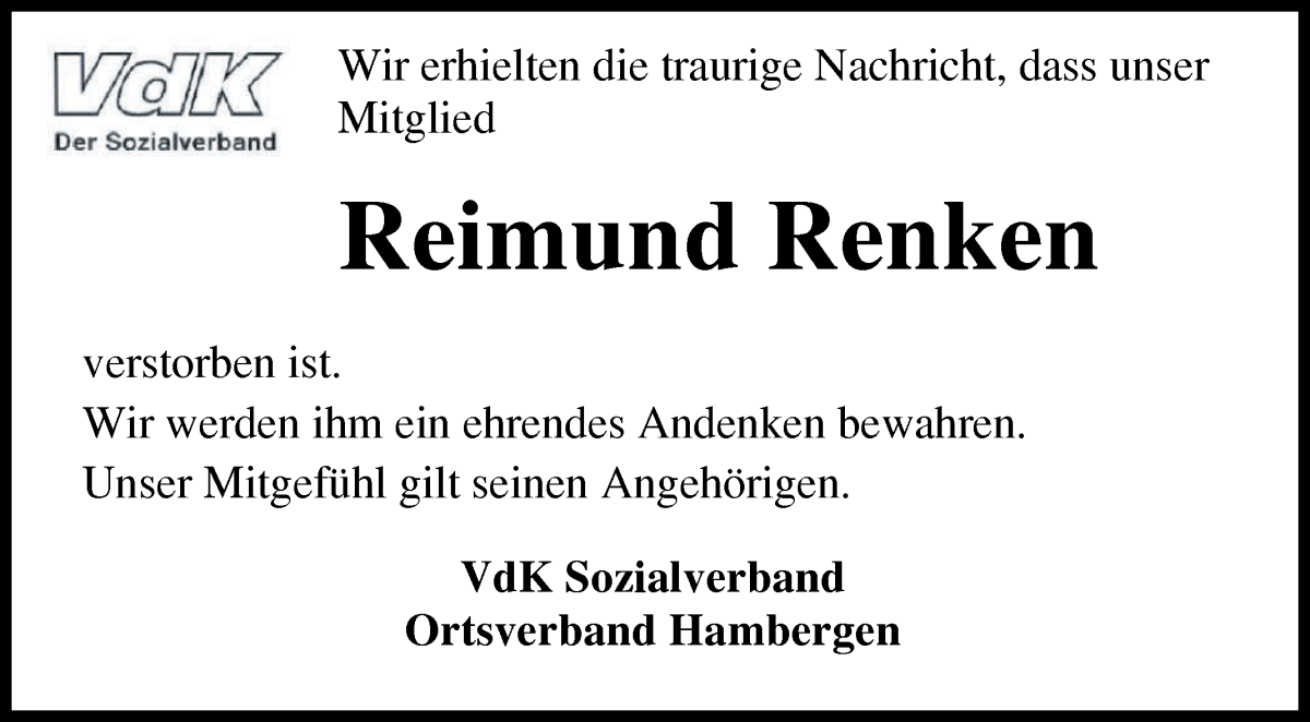 Traueranzeige von Reimund Renken von Osterholzer Kreisblatt