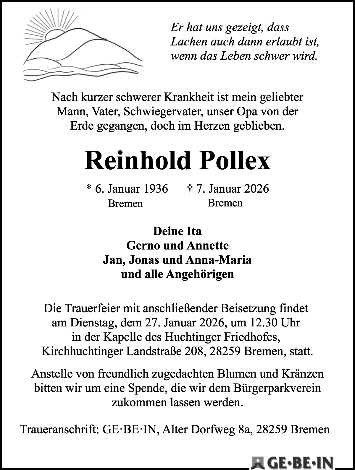  Traueranzeige für Reinhold Pollex vom 17.01.2026 aus WESER-KURIER