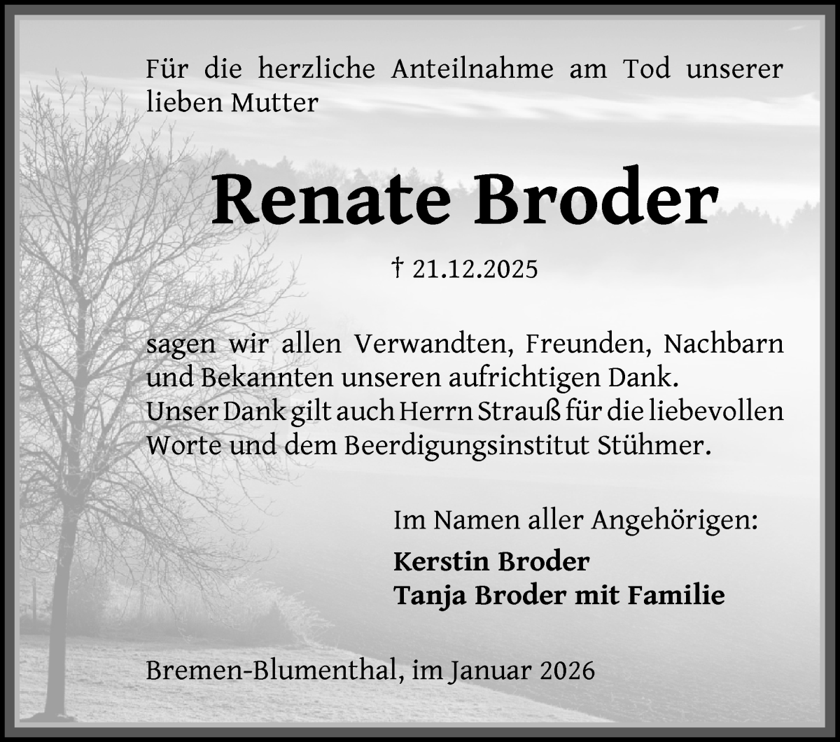 Traueranzeige von Renate Broder von Die Norddeutsche