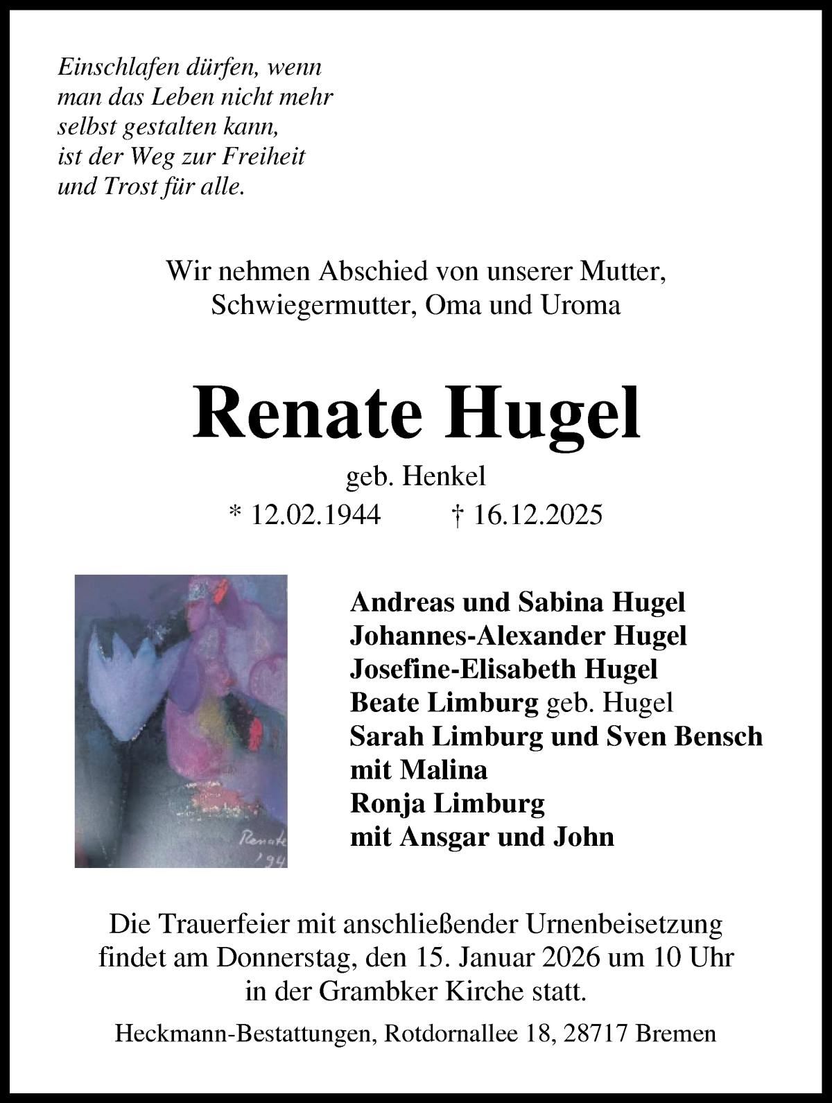 Traueranzeige von Renate Hugel von WESER-KURIER