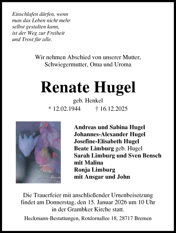 Traueranzeige von Renate Hugel von WESER-KURIER