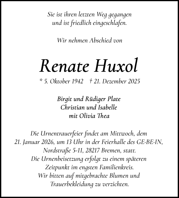 Traueranzeige von Renate Huxol von WESER-KURIER