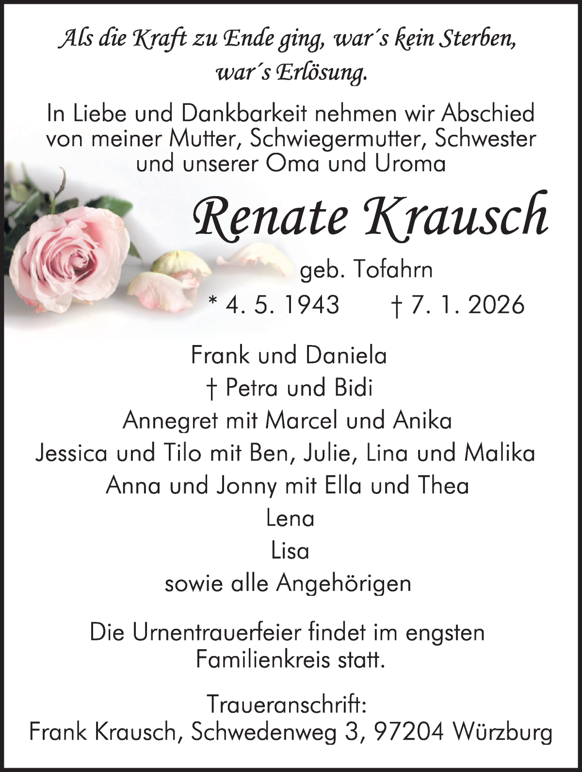 Traueranzeige von Renate Krausch von Die Norddeutsche