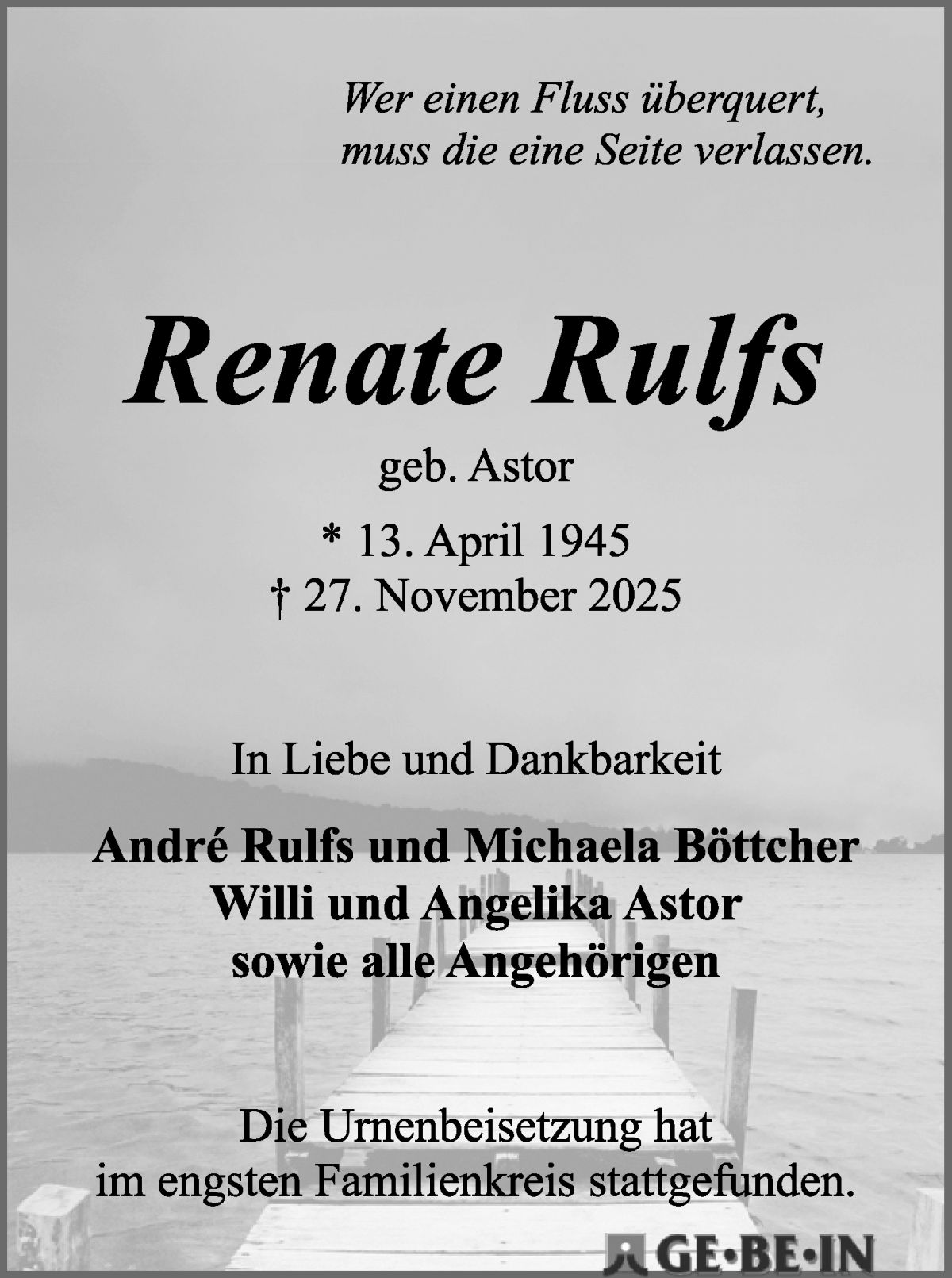  Traueranzeige für Renate Rulfs vom 10.01.2026 aus WESER-KURIER