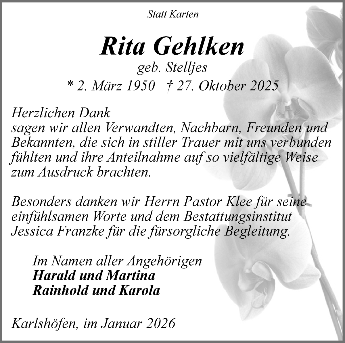 Traueranzeige von Rita Gehlken von Wuemme Zeitung