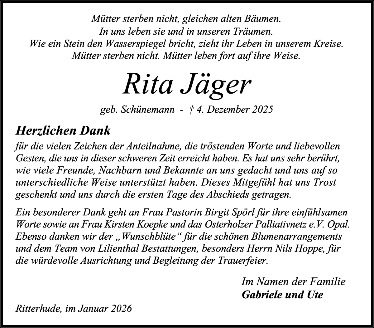 Traueranzeige von Rita Jäger von Osterholzer Kreisblatt