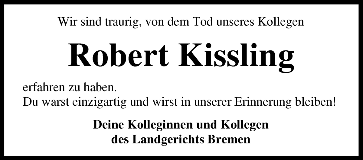 Traueranzeige von Robert Kissling von WESER-KURIER
