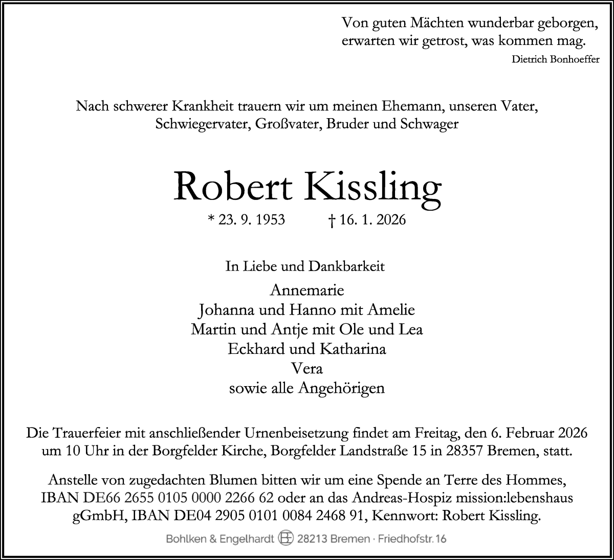 Traueranzeige von Robert Kissling von WESER-KURIER