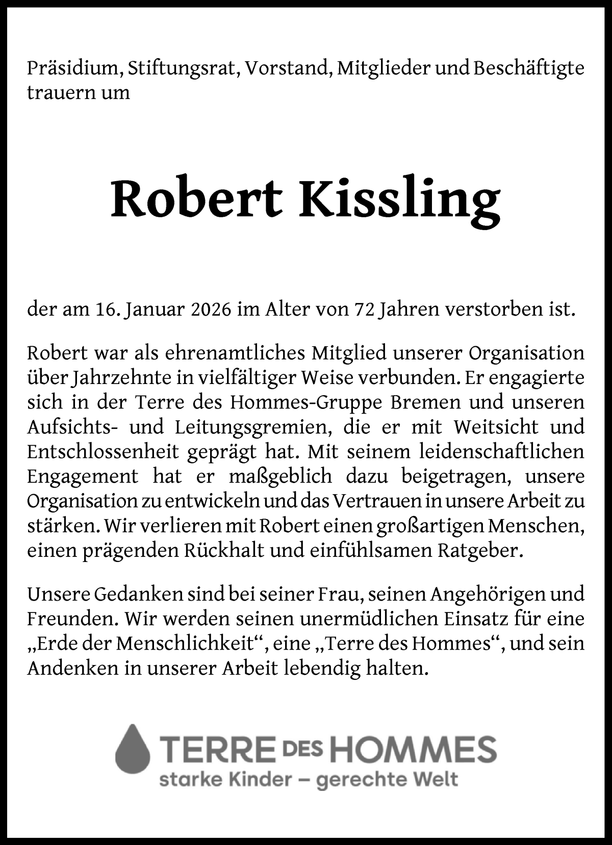 Traueranzeige von Robert Kissling von WESER-KURIER
