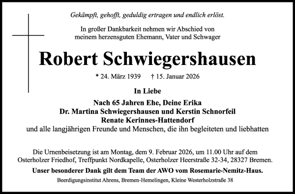 Traueranzeige von Robert Schwiegershausen von WESER-KURIER
