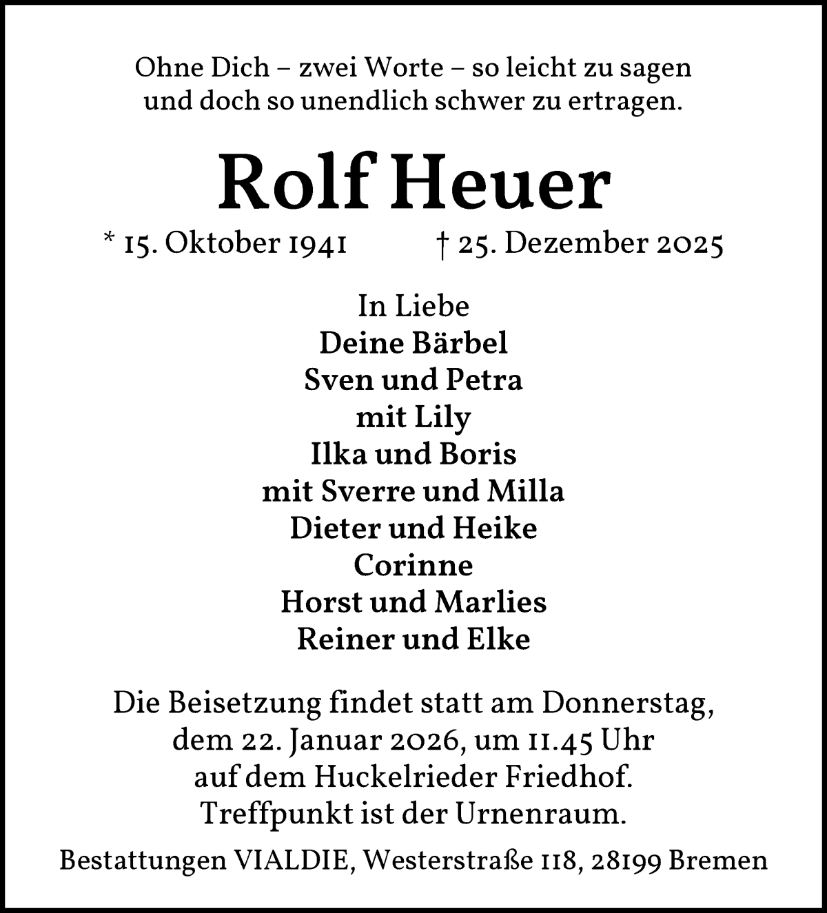 Traueranzeige von Rolf Heuer von WESER-KURIER