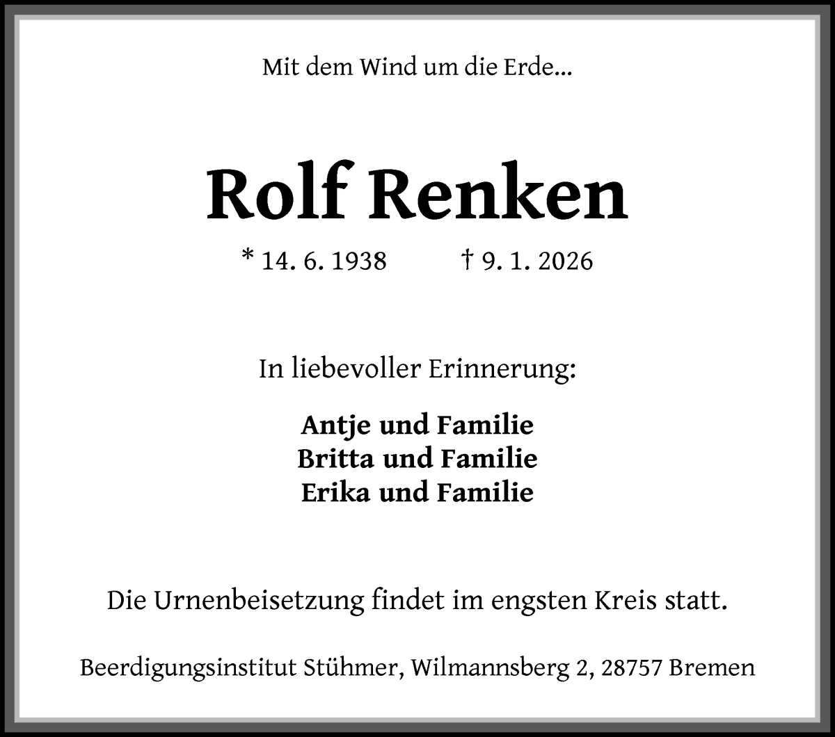 Traueranzeige von Rolf Renken von WESER-KURIER