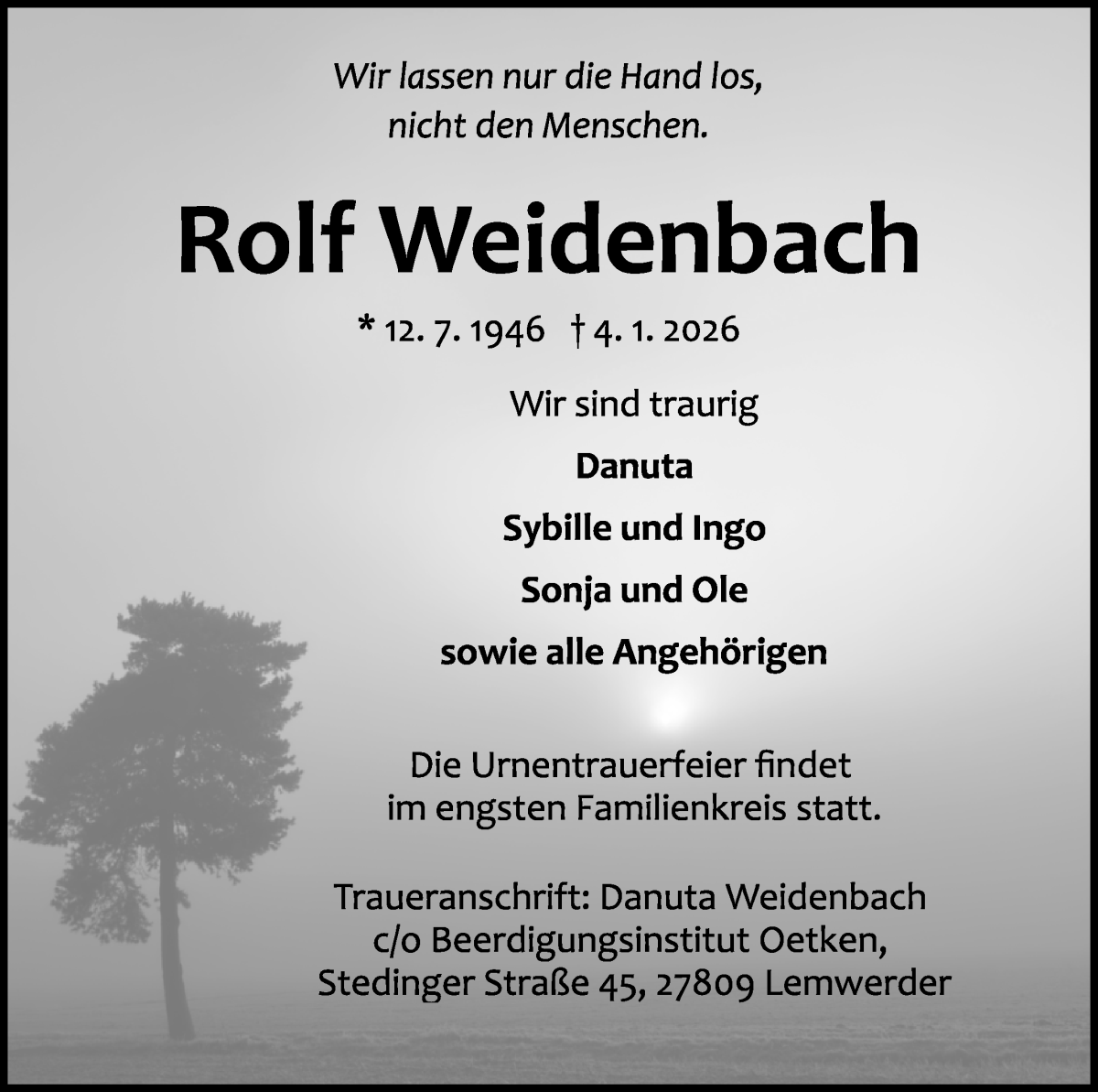 Traueranzeige von Rolf Weidenbach von Die Norddeutsche